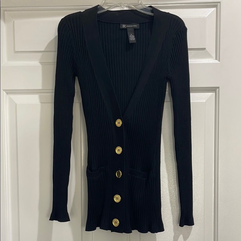 INC Black Ribbed Cardigan with Gold Buttons